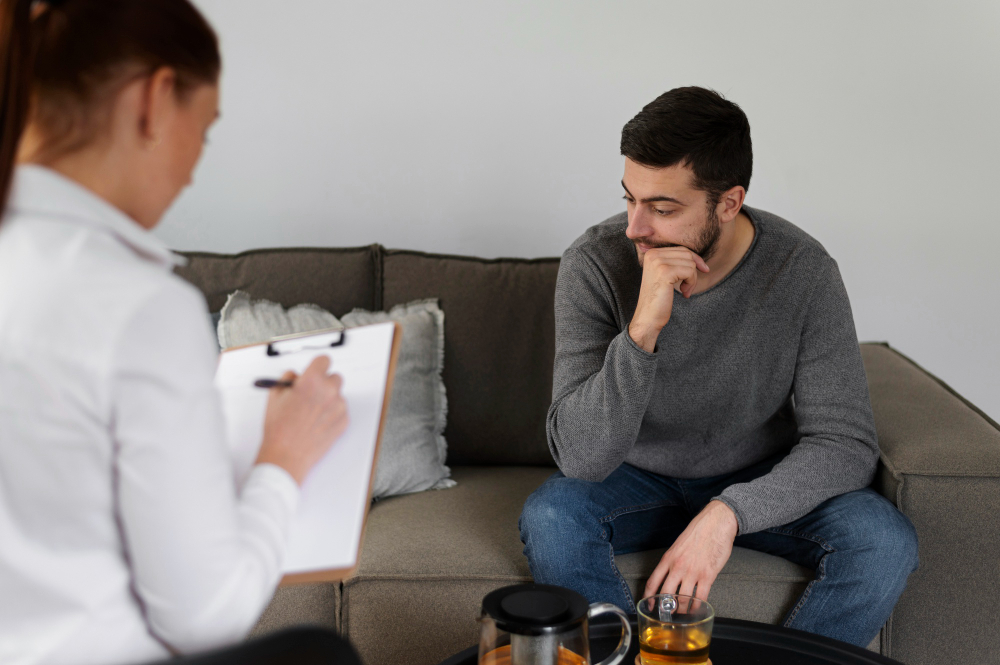 Man speaking with a therapist during fentanyl rehab in Mount Pleasant, WI.