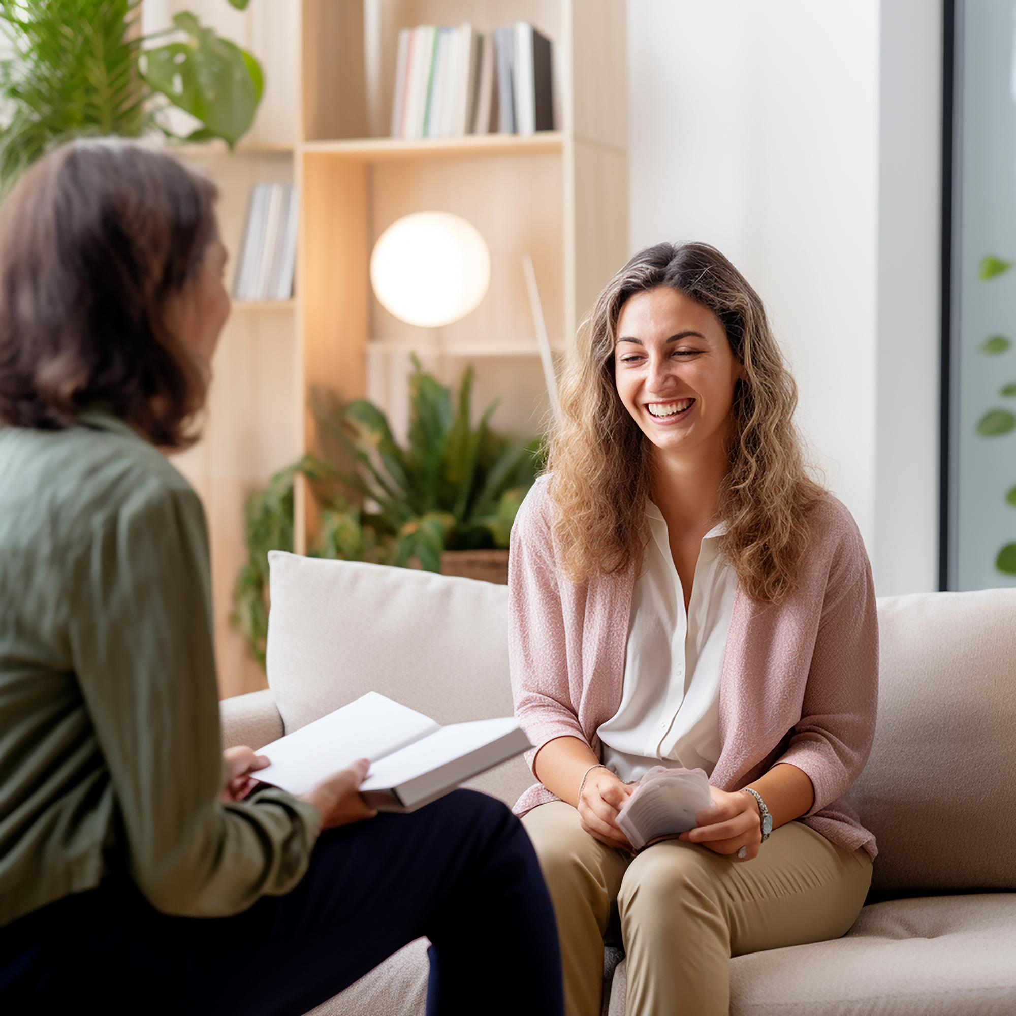 Smiling woman talking with her therapist during an individual therapy session