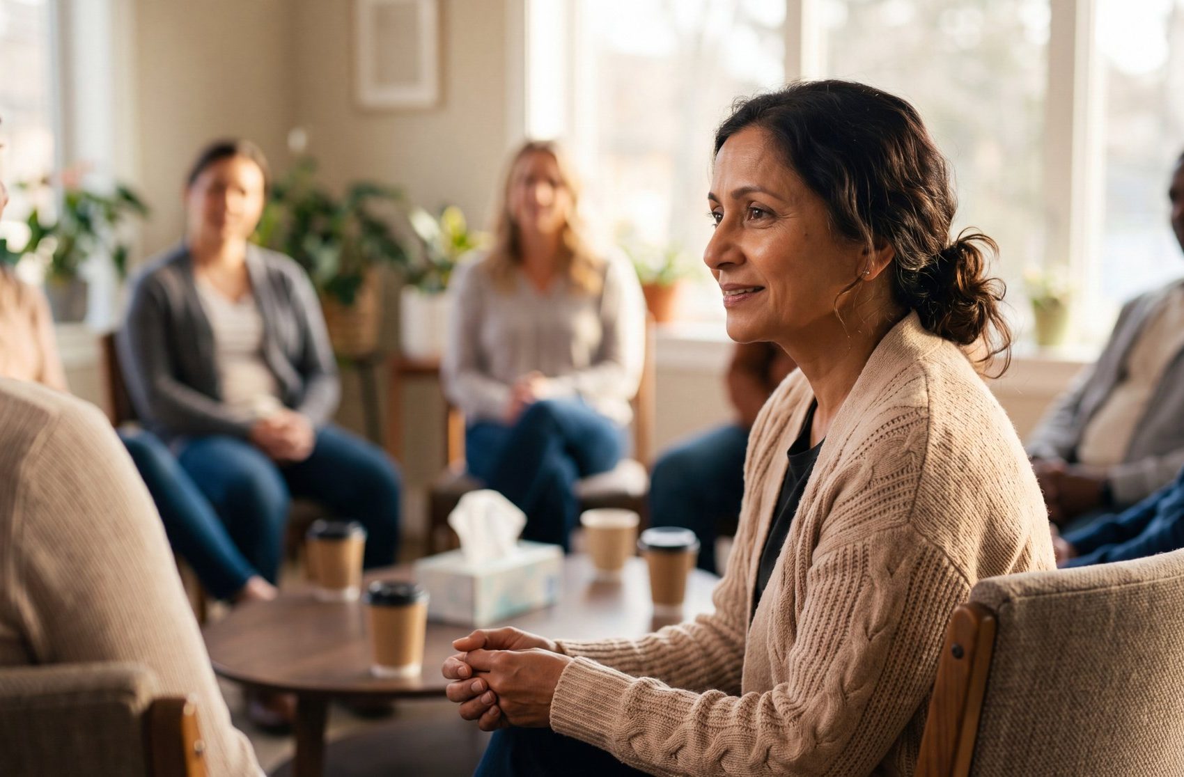 People talking during a group therapy session at Axis Behavioral Health in Mount Pleasant, WI.