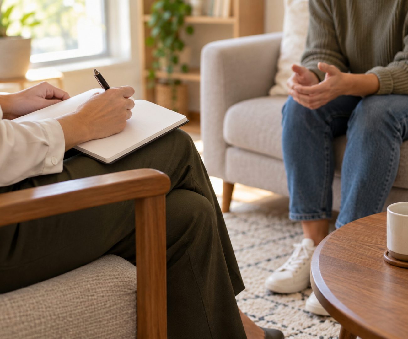 Patient seated on a couch talking with a therapist who takes notes during a counseling session